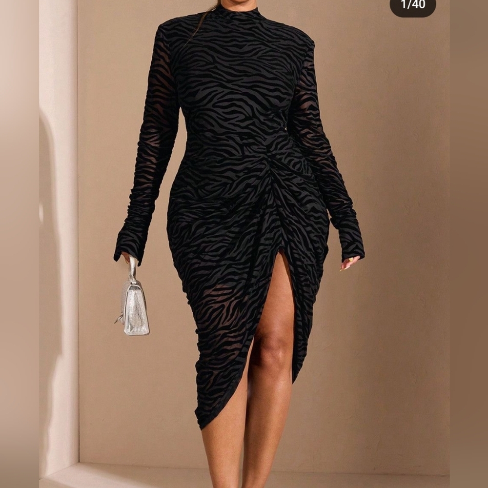 Pretty Little Thing Black Zebra Devore High Neck Draped Midi Dress Plus size 22